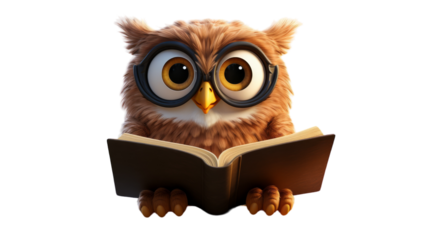 A scholarly owl wearing glasses engrossed in reading a book