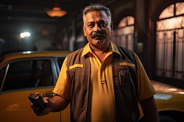 Man taxi driver stands confidently beside his cab, holding car keys, signaling readiness for the...