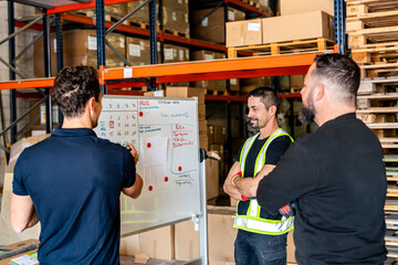 Manager explaining workers on white board at pallet factory