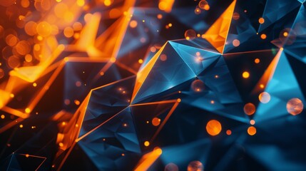 Futuristic abstract background with low poly geometric shapes. Shiny metal polygonal elements in motion.