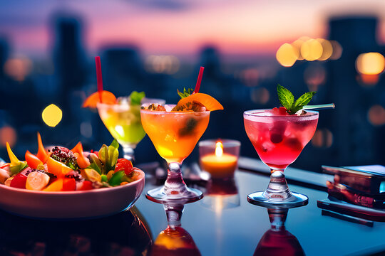 image of drinks in a bar in the form of cocktails on a blurred background. multicolored drinks on a surface with reflection. AI generated
