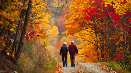 seniors leisurely strolling along vibrant autumn mountain paths, enveloped in the warm hues of fall foliage and embracing the tranquility of nature
