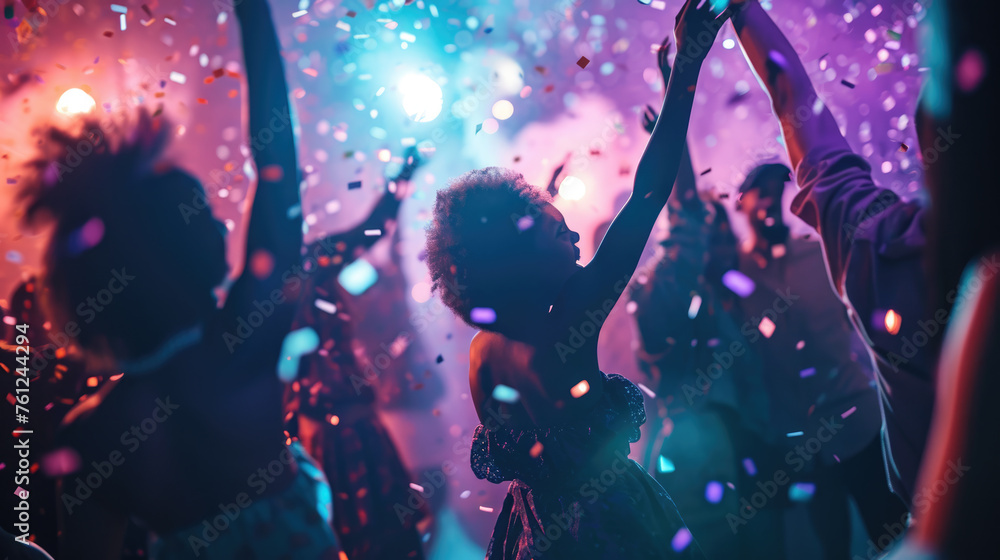 Poster dynamic scene of people dancing and celebrating at a party or club with confetti in the air and colo