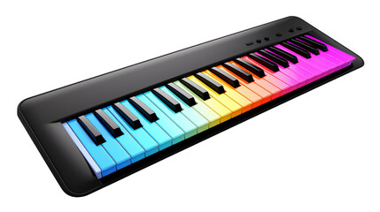 A colorful piano keyboard against a white background, showcasing a rainbow of hues
