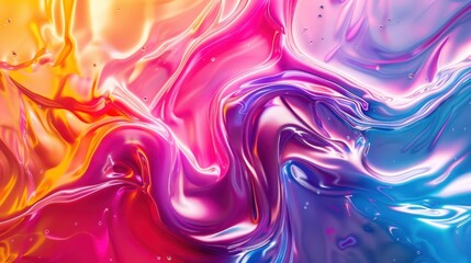 Vibrant colors create a dynamic liquid flow backdrop, adorned with holographic textures