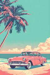 Retro illustration of classic car on the beach. Summer vacation and travel concept. Vintage 60s style. Design for poster, print, invitation, card with copy space