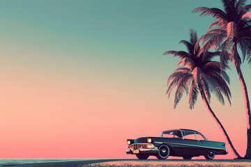 Vintage car parked by the palm trees at sunset. Summer vacation and travel concept. Classic retro automobile. Design for poster, invitation, banner with copy space. Minimalistic composition