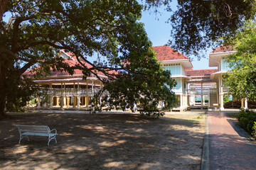 Obraz premium Mrigadayavan Palace; one of the summer palaces of King Rama VI in the past. The palace, undergoing restoration since 2021 and officially reopen to visitor in May 2024. Cha-am, Phetchaburi in Thailand.