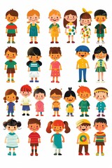 Fototapeta premium Variety of cartoon vector children in colorful outfits. A diverse group of cartoon children standing in row wearing various colorful outfits representing different styles and personalities 
