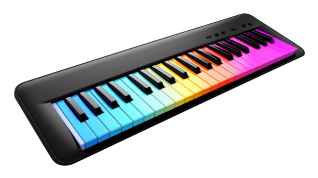 A colorful piano keyboard against a white background, showcasing a rainbow of hues