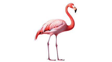 A graceful pink flamingo balances on one leg against a clean white backdrop