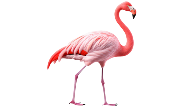A pink flamingo gracefully balances on its hind legs, showcasing its elegant stature