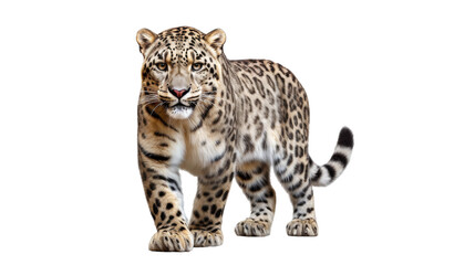 Fototapeta premium A large leopard gracefully walks across a pure white background