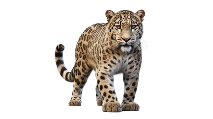 A majestic leopard gracefully walking across a pristine white background