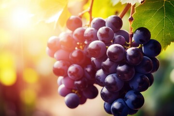 Scenic grape vineyards with bountiful, sun-ripened grapes glistening in warm sunshine. Close-up