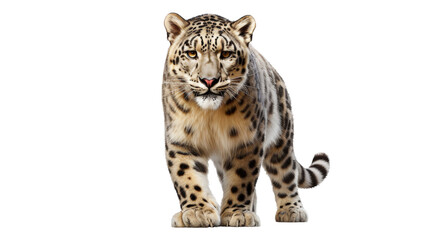 A magnificent snow leopard gracefully walks across a pristine white background