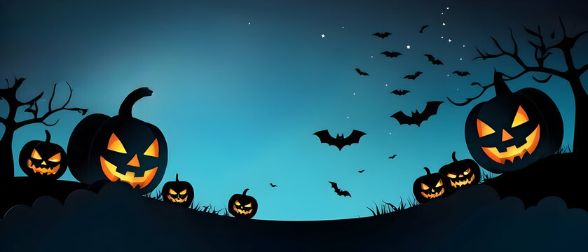 Happy Halloween banner or party invitation background with bats and pumpkins on dark night. Place for text. Illustration style.