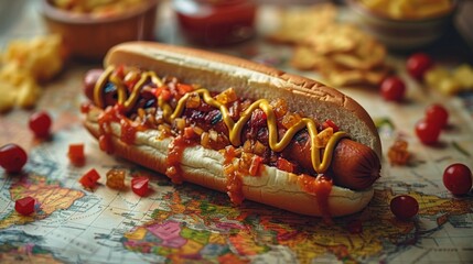  Gourmet loaded hot dog with toppings and sauces over a colorful world map.