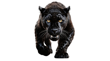 A majestic black leopard gracefully prowling across a stark white background