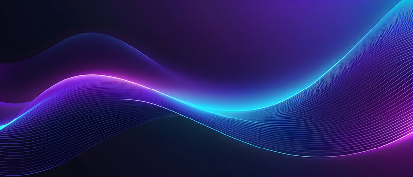 Dark abstract background with glowing wave. Shiny moving lines design element. Modern purple blue gradient flowing wave lines. Futuristic technology concept. Vector illustration style.