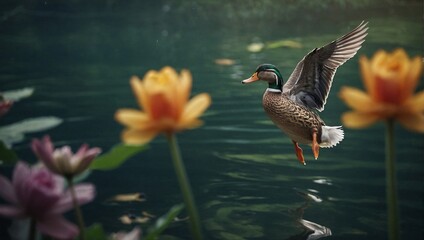 duck in the lake - obrazy, fototapety, plakaty