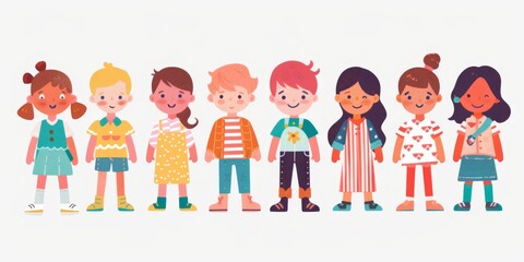 Fototapeta premium Variety of cartoon vector children in colorful outfits. A diverse group of cartoon children standing in row wearing various colorful outfits representing different styles and personalities 