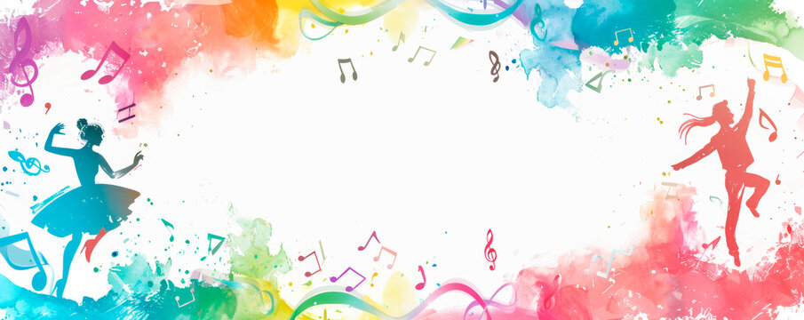 A vibrant painting captures a young girl gracefully dancing amidst swirling musical notes, her movements synchronized with the rhythm of the melody. Music festival. Banner. Copy space