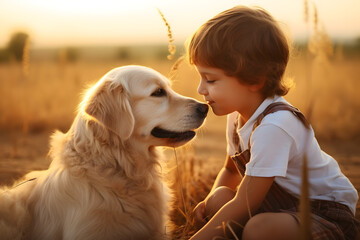 Portrait of lovely kid playing outdoor with pet dog. Little boy and his dog in the meadow