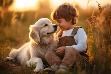 Portrait of lovely kid playing outdoor with pet dog. Little boy and his dog in the meadow