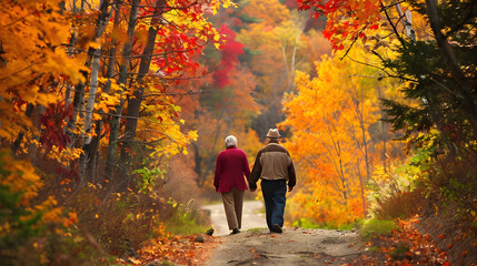 seniors leisurely strolling along vibrant autumn mountain paths, enveloped in the warm hues of fall foliage and embracing the tranquility of nature