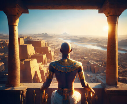 Egyptian pharaoh meditating in the balcony of his palace while he witnesses the greatness of his civilization.