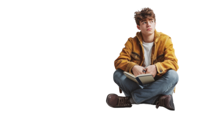 A young man seated on the ground engrossed in a book, surrounded by stillness