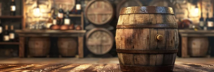 Fotobehang Wine Barrel in Winery Cellar, Old Whiskey, Alcohol Keg, Wine Barrel Mockup, Abstract Generative AI Illustration © artemstepanov