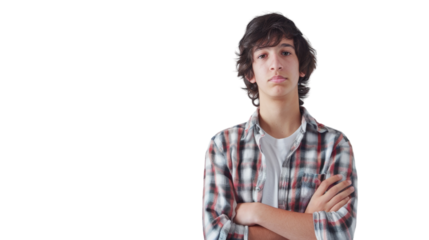 A young man stands confidently with his arms crossed, exuding a sense of strength and determination