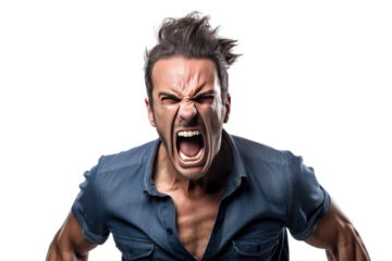 Man With Mouth Open, Hands on Hips. On a White or Clear Surface PNG Transparent Background.