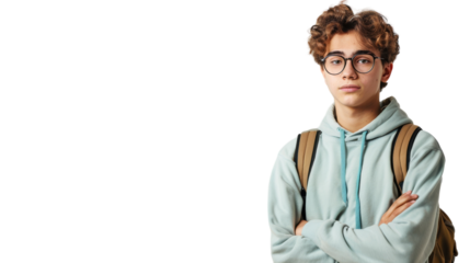 A young man with glasses and a backpack walks confidently down a bustling city street
