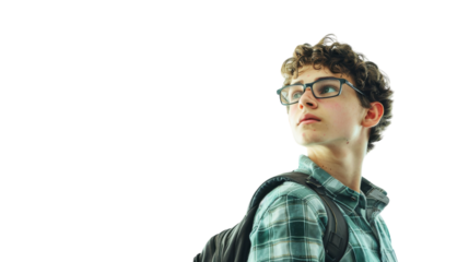 A young man with glasses carries a backpack on his back