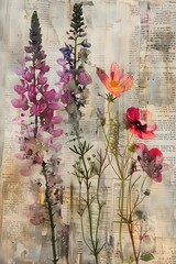 pressed watercolor flowers on a weathered newspaper page
