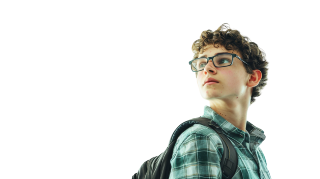 A young man with glasses carries a backpack on his back