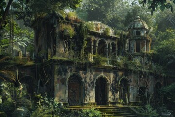 Fototapeta na wymiar Abandoned Palace in Jungle, Vintage Painting, Ruined Hotel in Deep Forest
