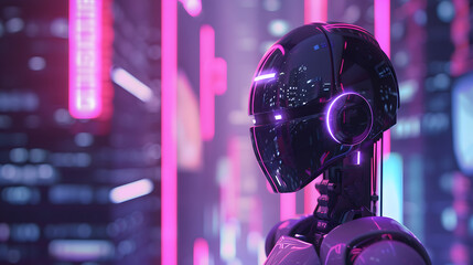 Head futuristic robot exploring a neon-lit cityscape