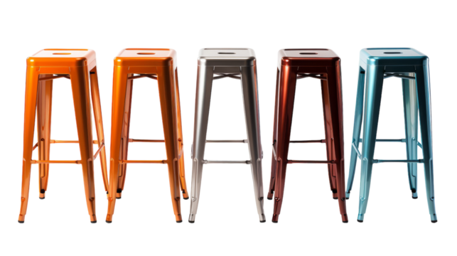 Four stools of different colors standing in a row, creating a cheerful and diverse visual display