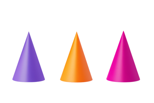 Three Different Colored Cones on a White Background. On a Transparent Background.