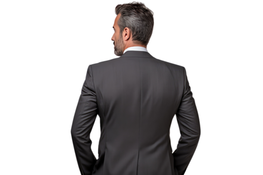 Man in Suit and Tie Standing With Hands in Pockets. On a White or Clear Surface PNG Transparent Background.
