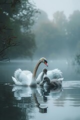Fototapeta premium Professional Photography of a Serene Pond Inhabited by a Family of Graceful Swans, Generative AI