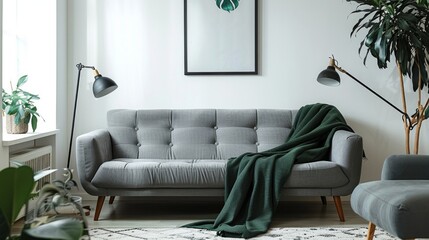 Light gray fabric three-seat modern sofa with gray and green pillows and plaid.