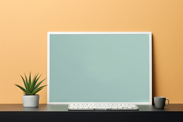 A blank computer screen background, Open Laptop on Table, Desktop Landing Page Minimalist Mockup