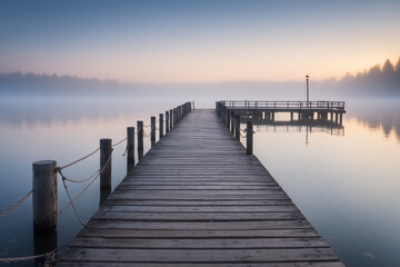 Wooden pier at a misty dawn in a quiet sea - obrazy, fototapety, plakaty