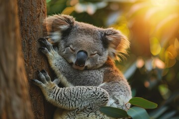 Professional Photography of a Sleepy Koala Nestled in the Crook of a Eucalyptus Tree, Generative AI