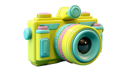 A yellow and blue camera resting peacefully on a white background